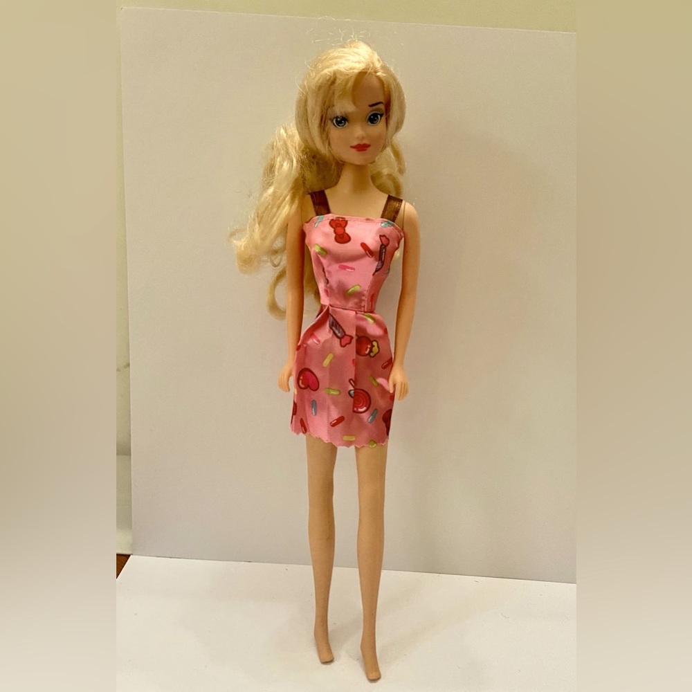 Vintage, 1990s Barbie Doll in Pink Printed Mini Dress